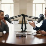 tow people in podcast