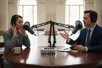 tow people in podcast