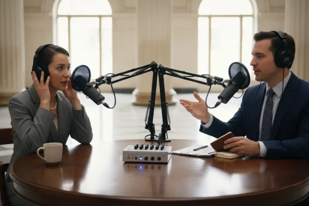 tow people in podcast