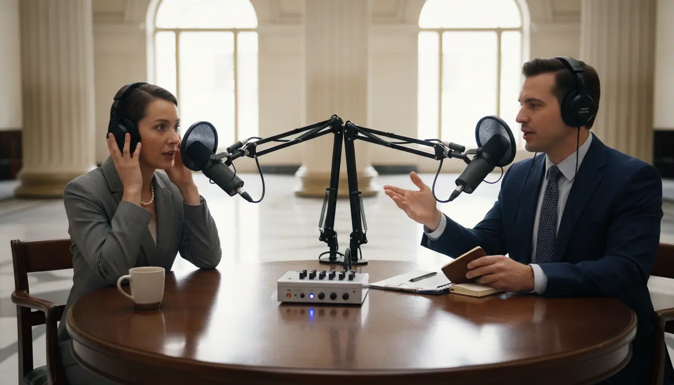 tow people in podcast